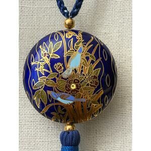 Blue Cloisonne Pendant Necklace with Tassel Gold Tone Vintage Style